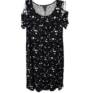 JUSTIFY SHORT SLV RND NECK PULL-OVER FIT & FLARE DRESS, WOMENS, XL BLACK-FLORAL